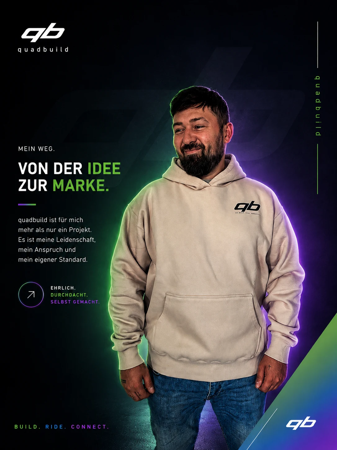Ilja, Gründer von quadbuild, in einem Hoodie mit quadbuild Logo